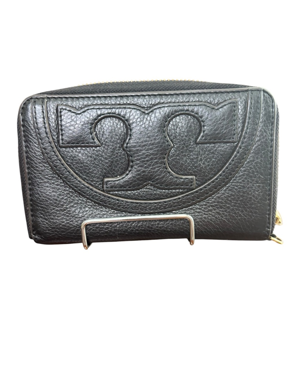 Tory Burch Bombe-T Zip Around Wallet Black Pebbled Leather Logo